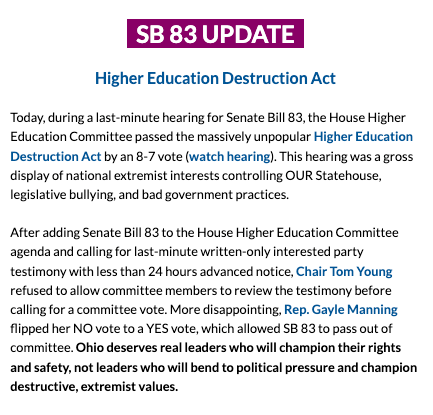 Update from Honesty for Higher Education reviewing the antidemocratic process by which SB 83 was passed and explaining the need to persuade legislators to vote against it