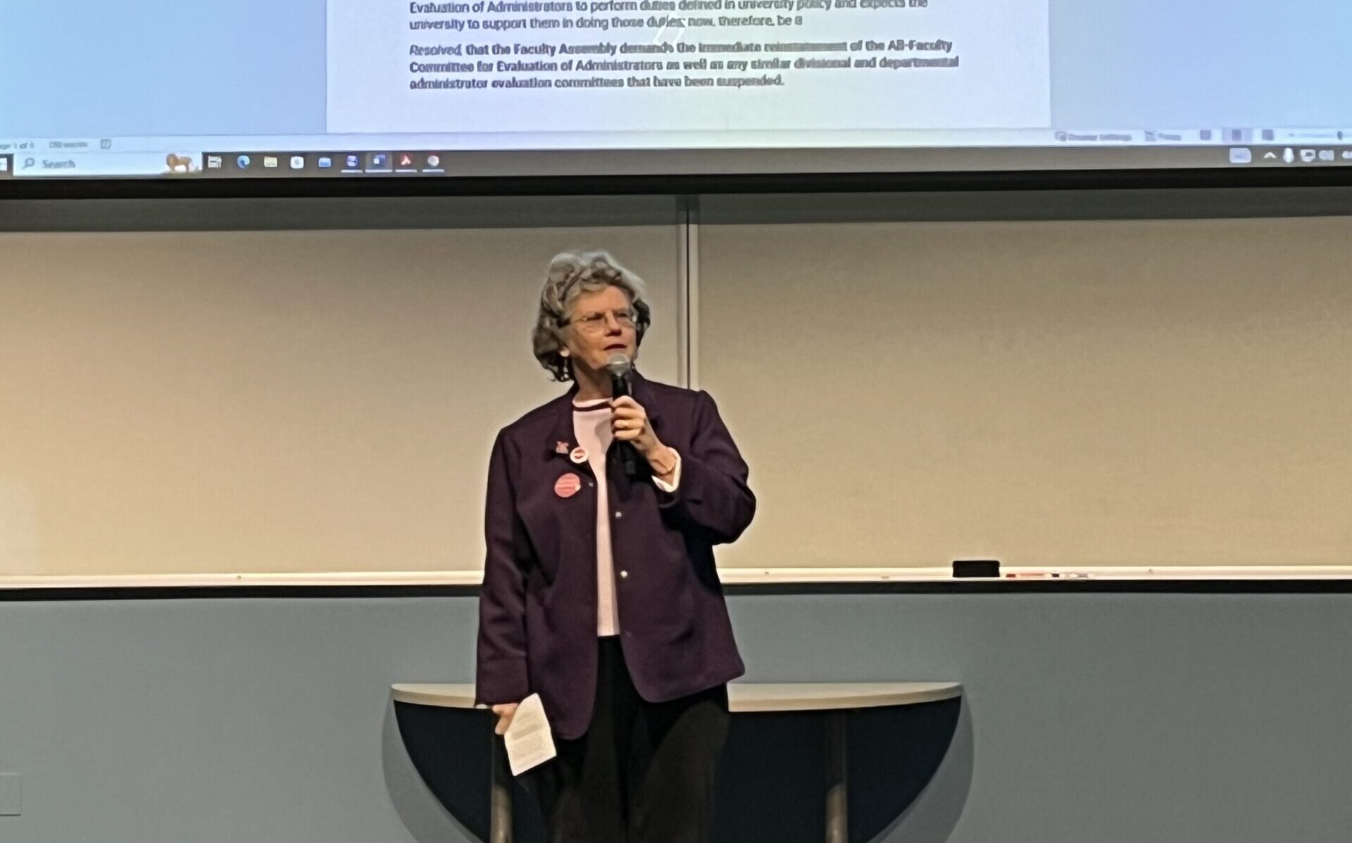 Kate Rousmaniere speaks at Faculty Assembly, November 30, 2023