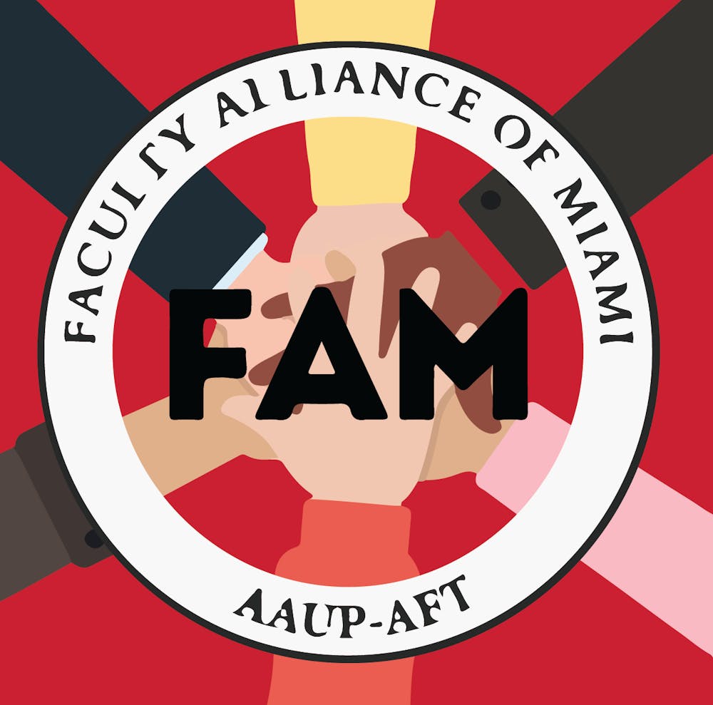 FAM logo set against a design of multiple hands reaching toward the center and grasping together