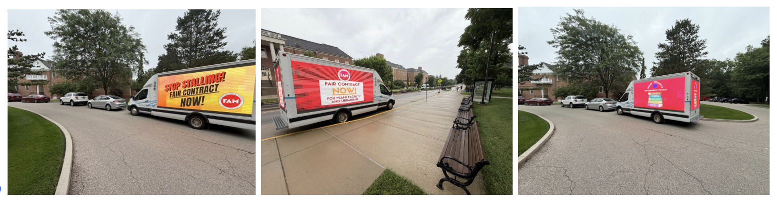 FAM's mobile billboard drives around Oxford with FAIR CONTRACT NOW messages.