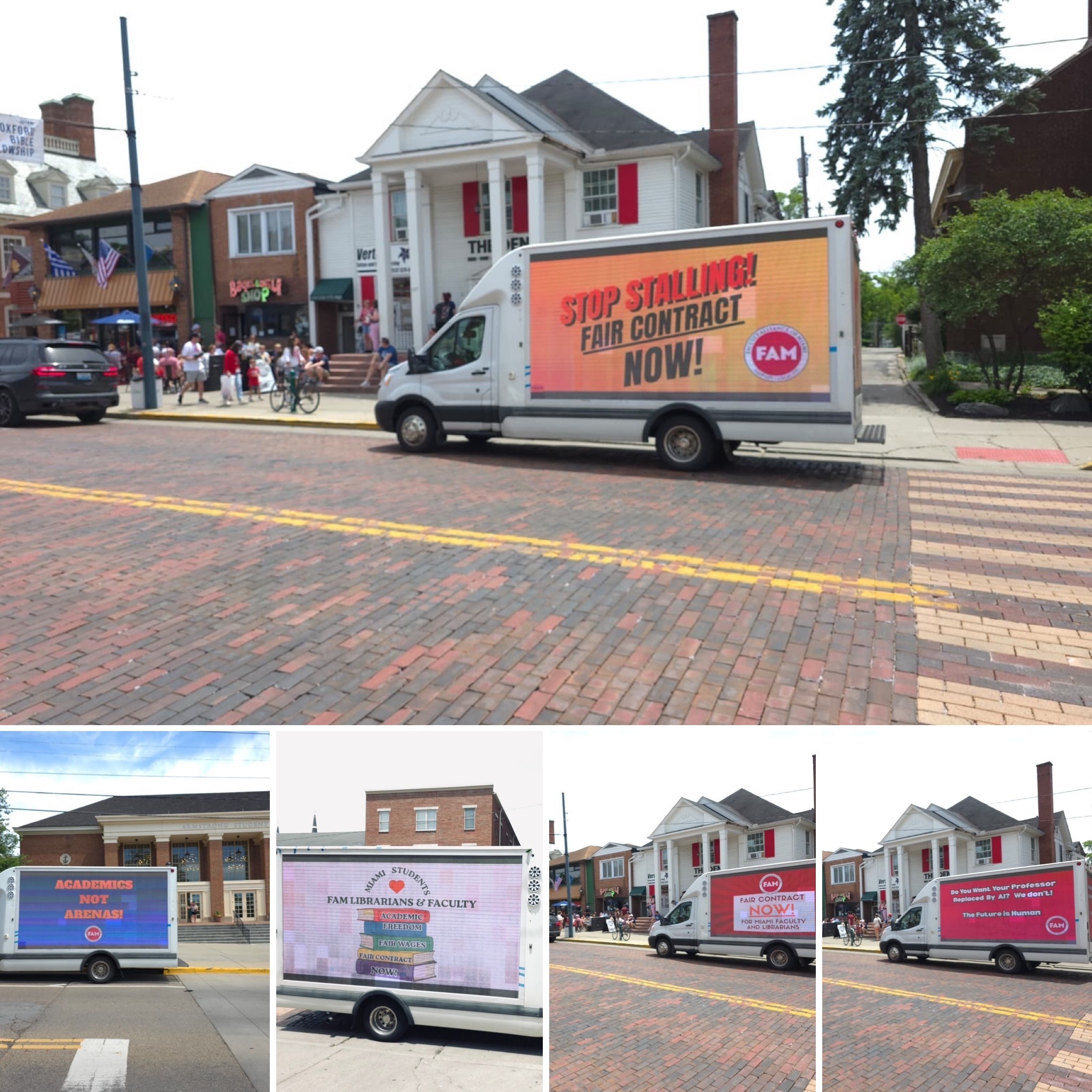 a truck drives around Oxford with various messages on it