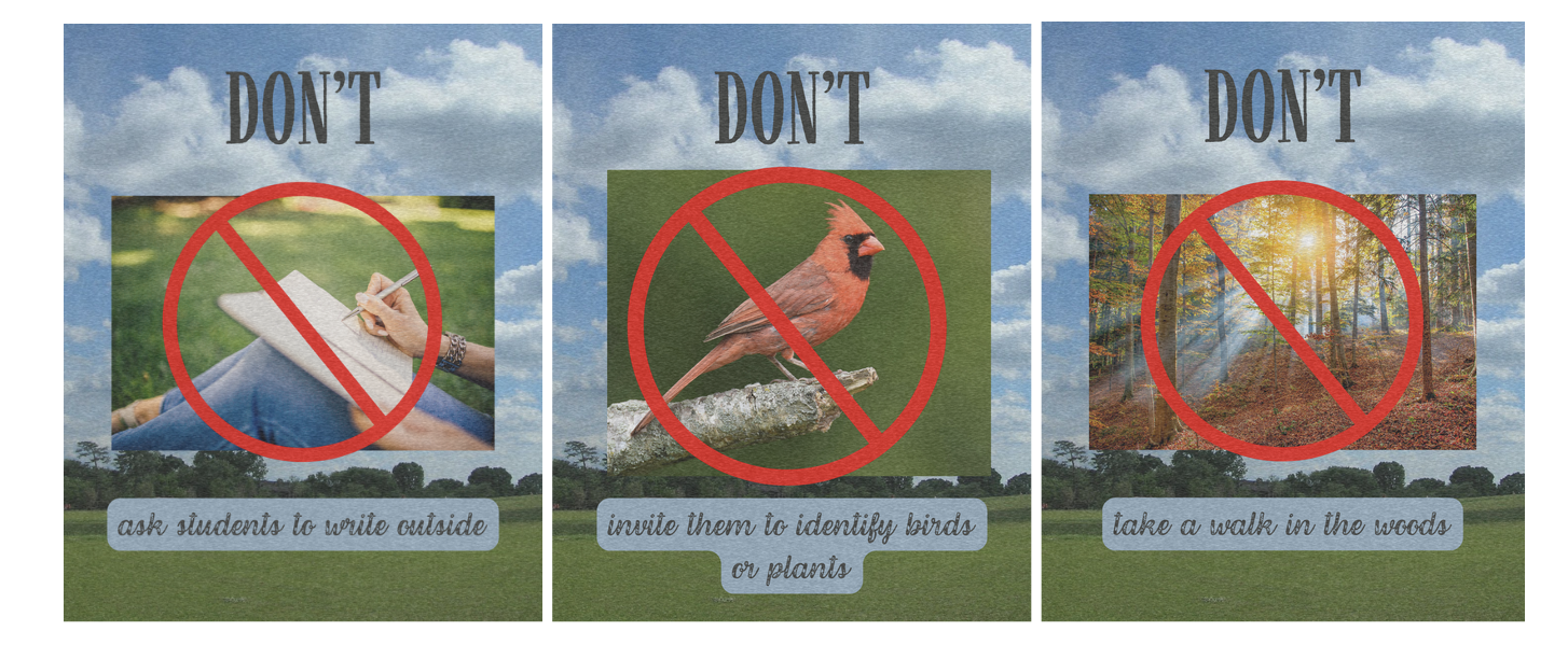 A series of graphics showing students writing outside, birds, and trees, all with a bright red strikethrough