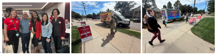 Faculty show off FAM buttons at the Bachelor Hall Open House as a mobile billboard circulated the campus with FAIR CONTRACT NOW! messages